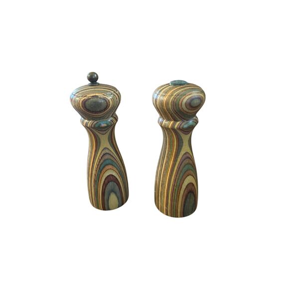 Vintage Mr. Dudley Rainbow Striped Wooden Salt & Pepper Mill Shaker Set MCM Boho - Picture 3 of 6